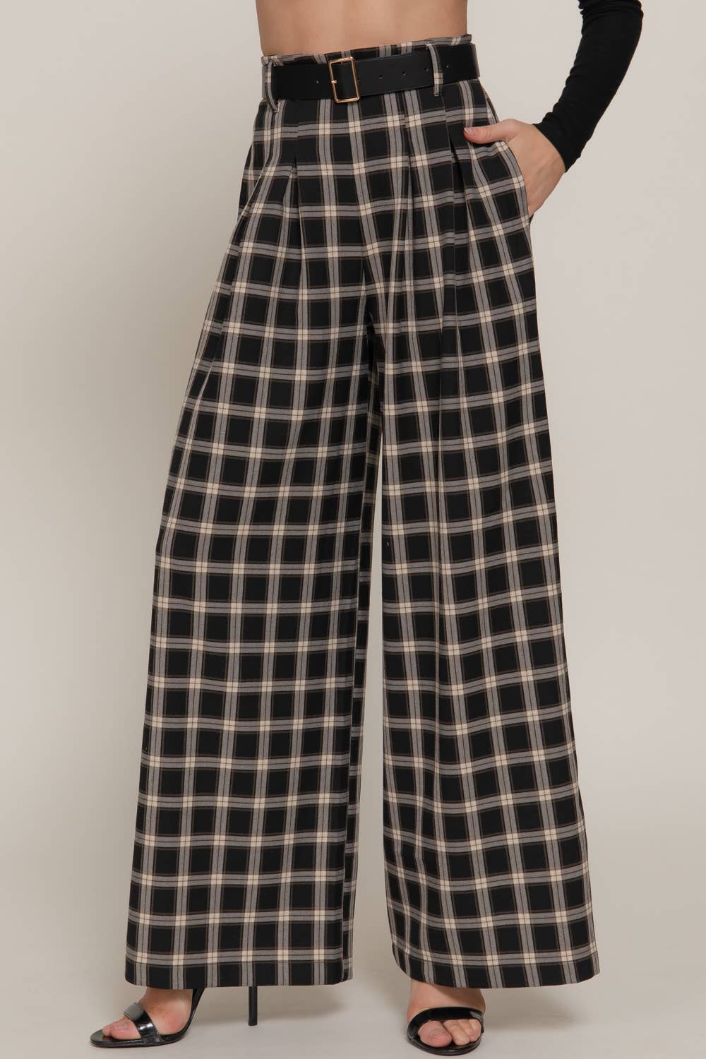 Belted Plaid Woven Wide Pants