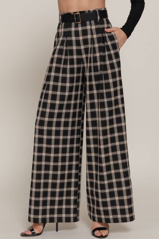 Belted Plaid Woven Wide Pants