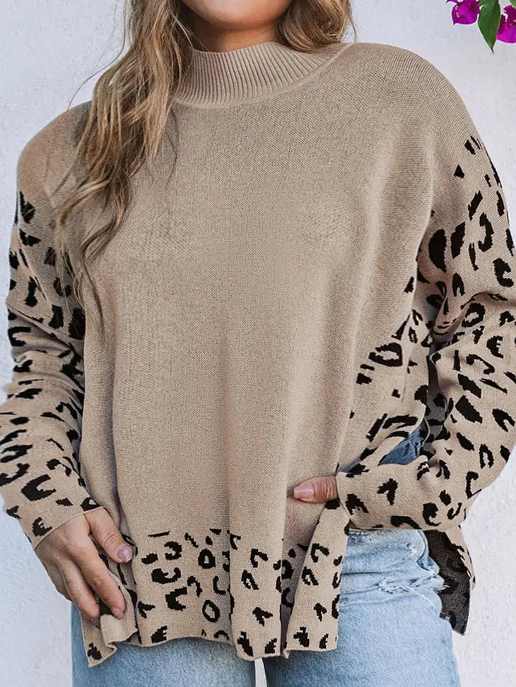 Plus Leopard Patchwork High Neck Sweater