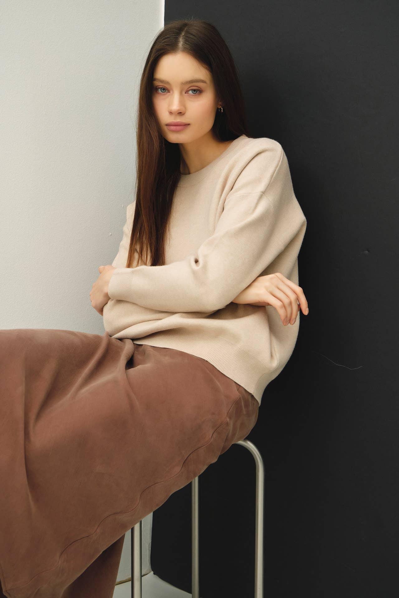 Crew Neck Boxy Sweater | Cream Beige