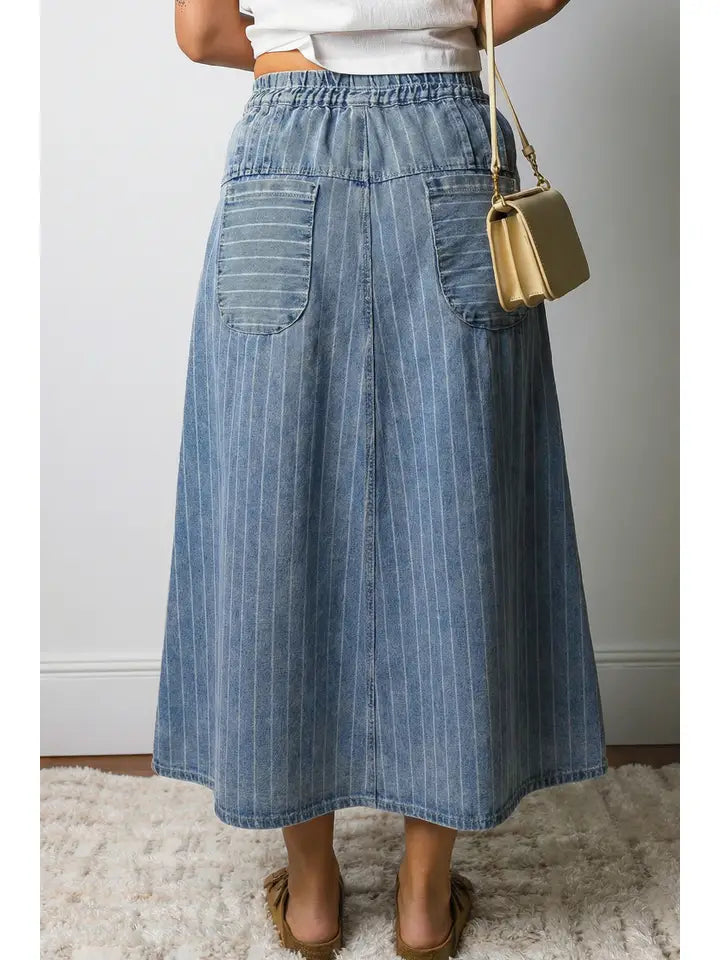Stripe Button Drawstring Denim Midi Skirt