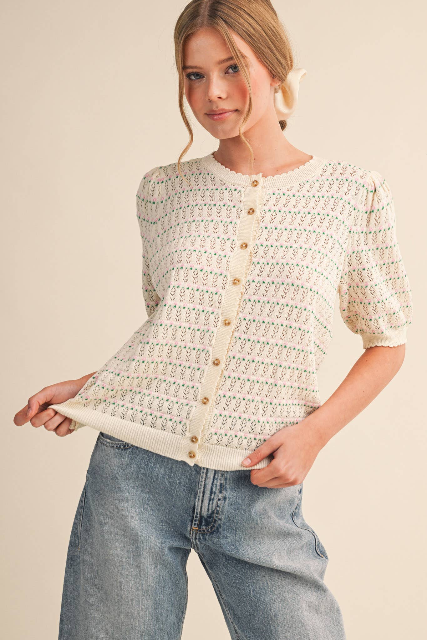 Pointelle Puff Sleeve
