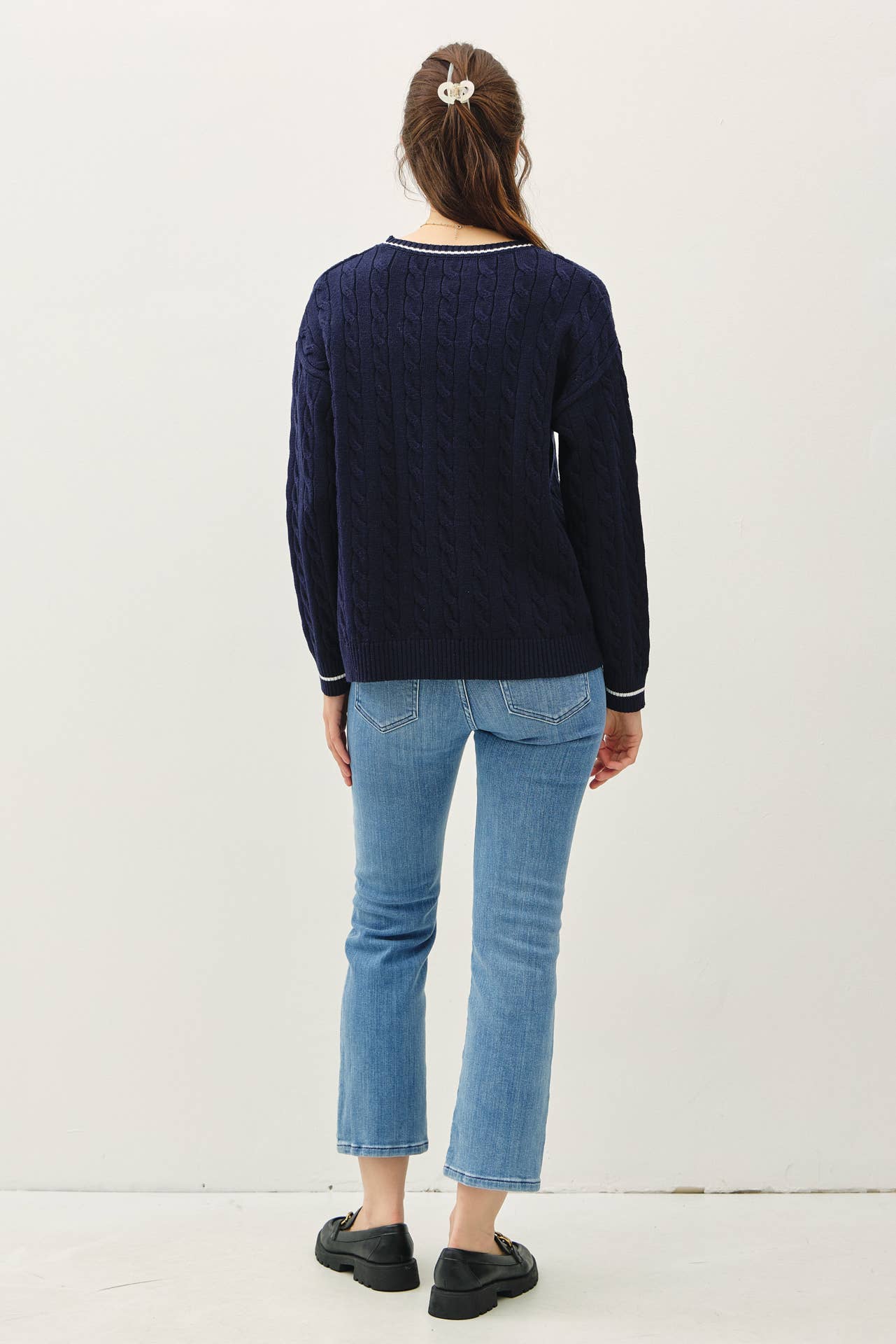Cable Knit Sweater with Tipping | Navy