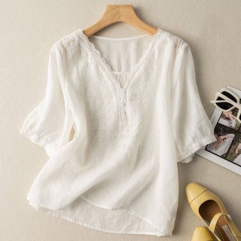 Linen Embroidered V-Neck Blouse
