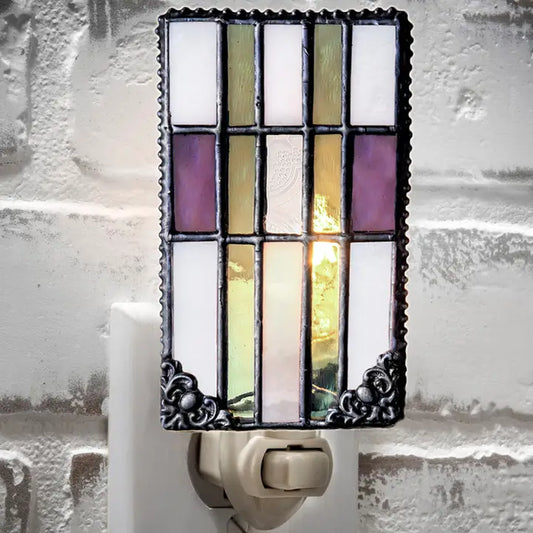 Mission Style Night Light Purple Green Stained Glass