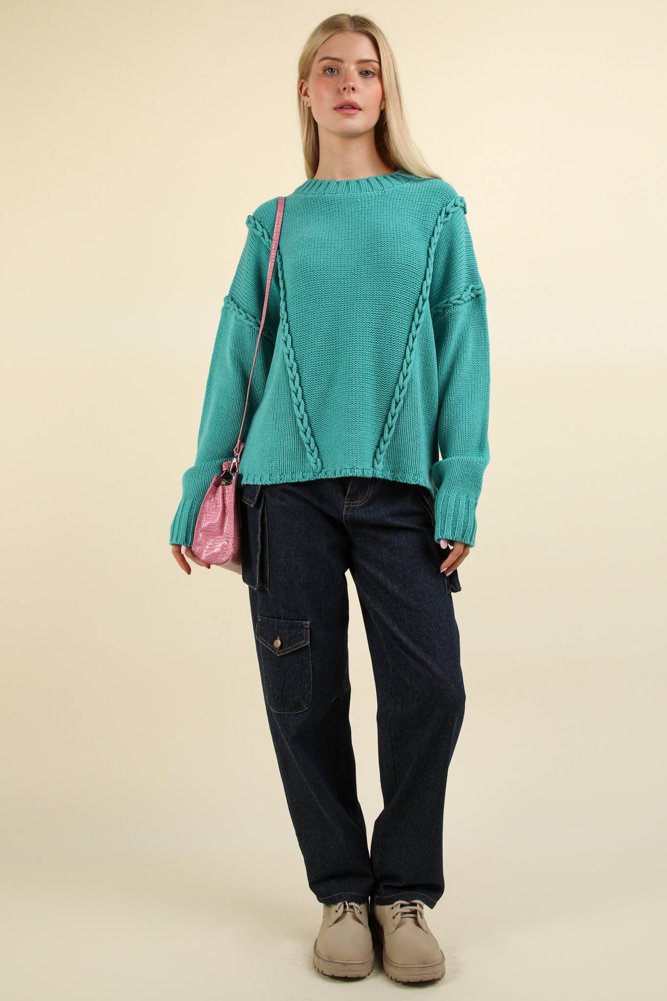 Chunky Braid Oversized Sweater | Teal Blue