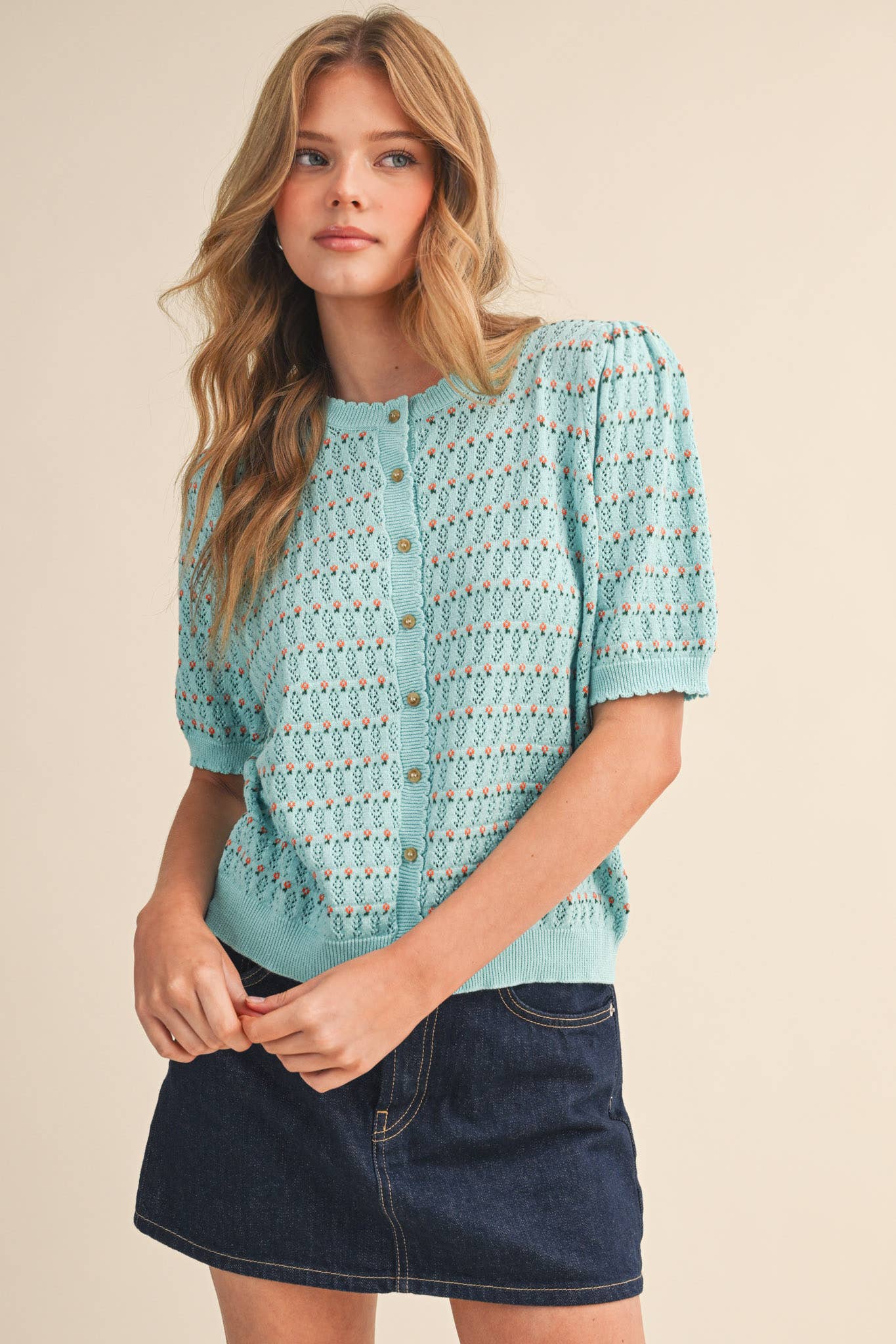Pointelle Puff Sleeve