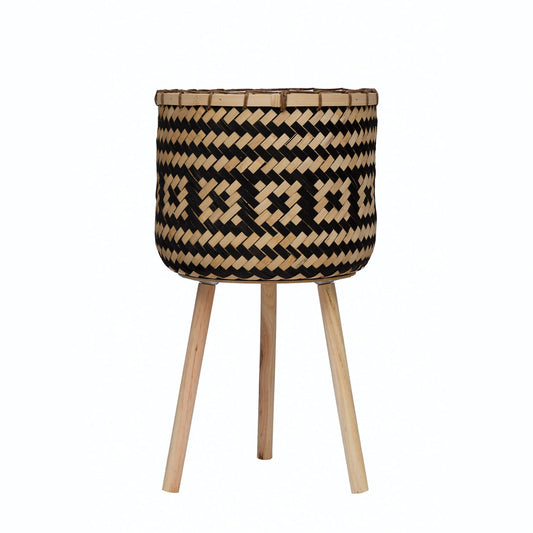 Hand-Woven Bamboo Basket with Wood Legs and Pattern