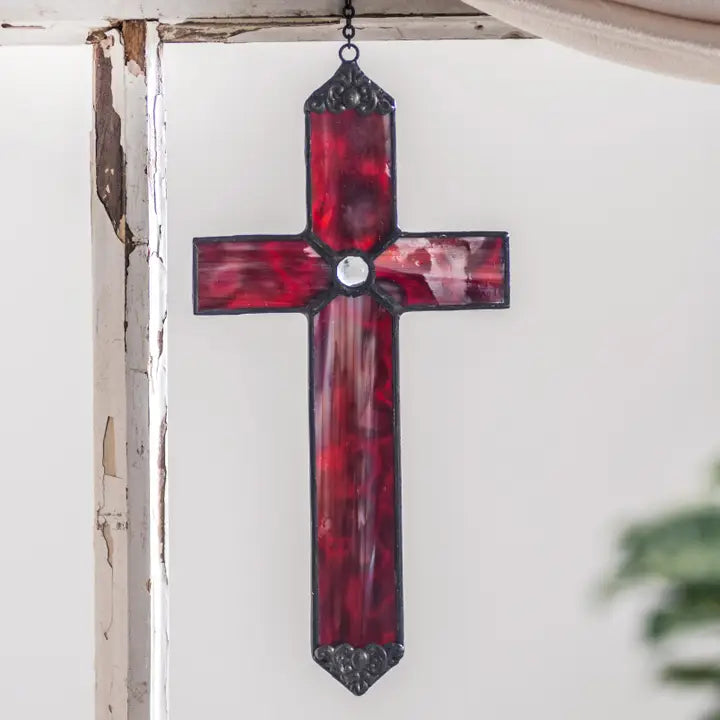 Red Opal Cross Stained Glass