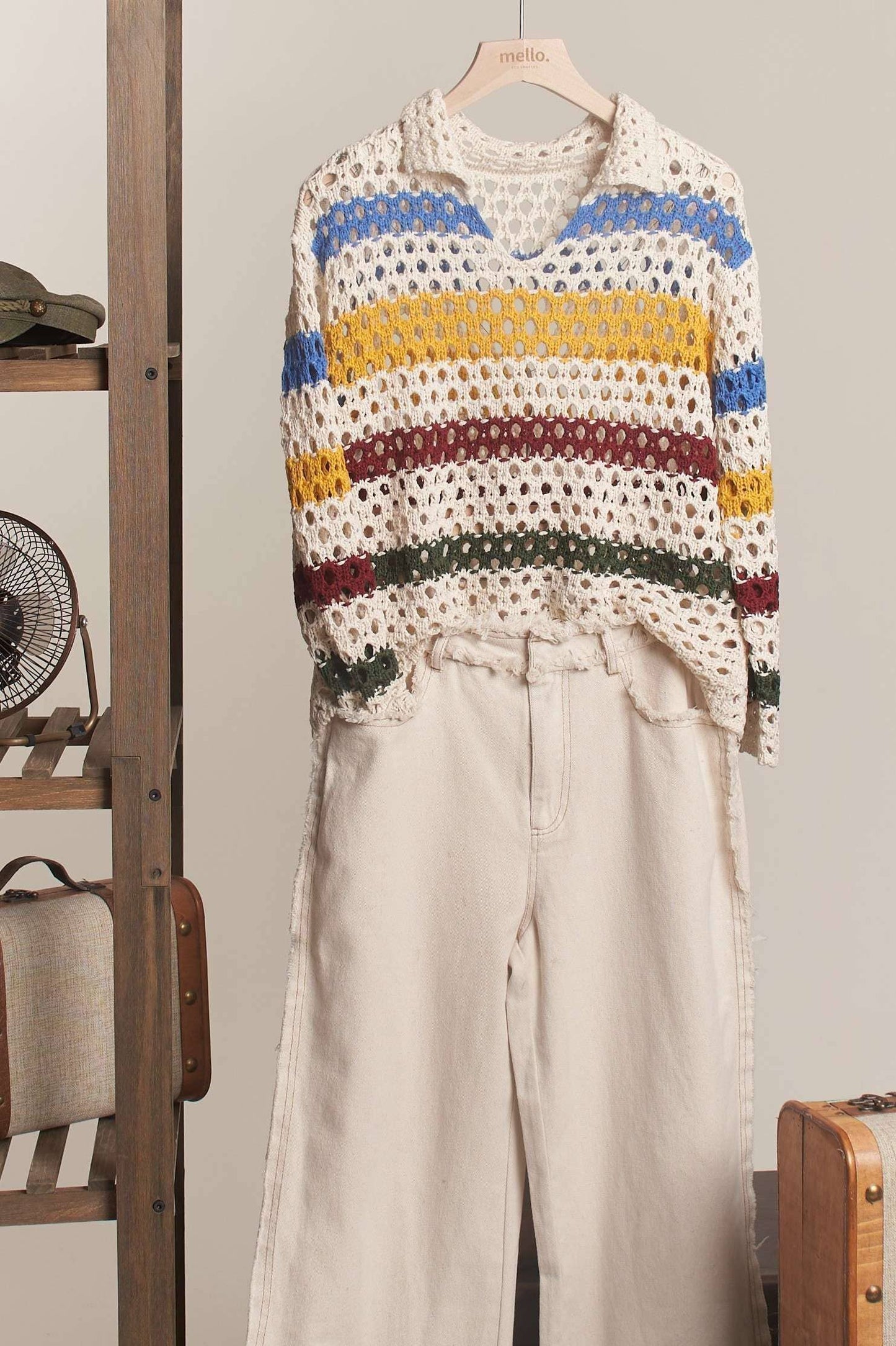 Multi Stripe Collared Knit Sweater Top