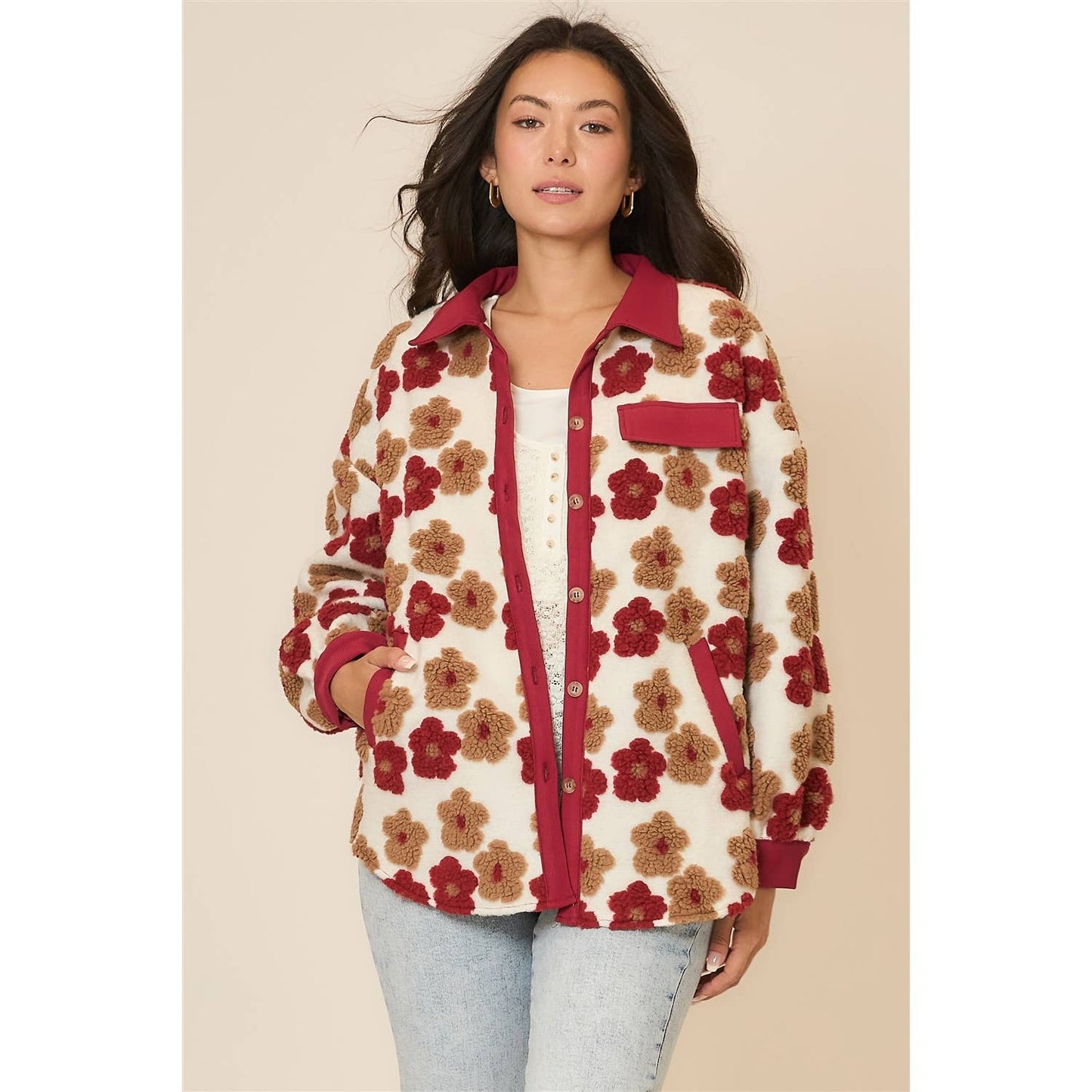 Floral High Pile Fleece Burnout Jacket