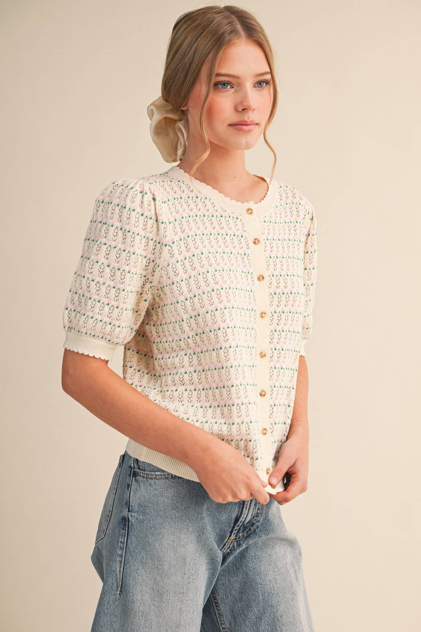 Pointelle Puff Sleeve