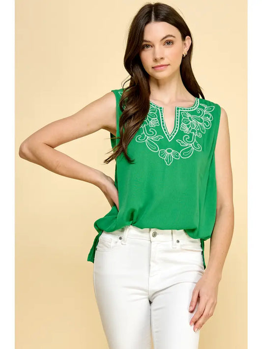 Sleeveless Embroidered Tunic Top | Kelly Green/White