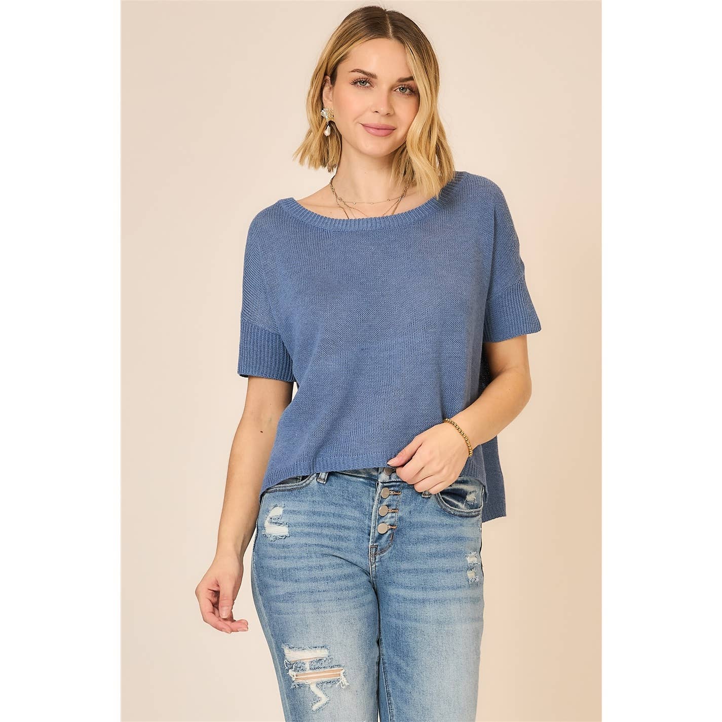 Boatneck Knit Short Sleeve Top