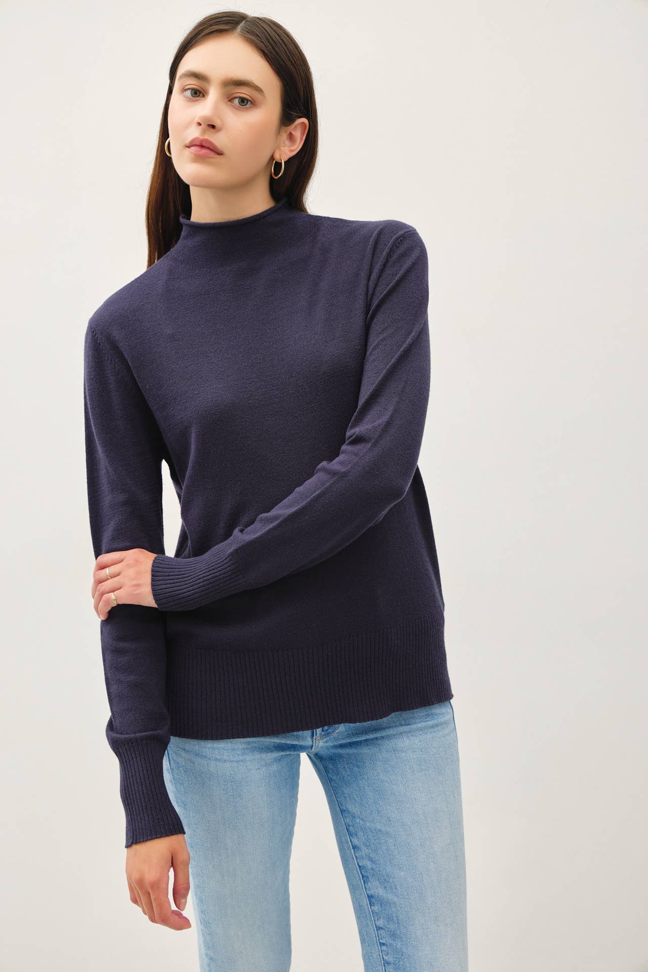 Raw Edge Mock Neck Sweater | Charcoal Blue