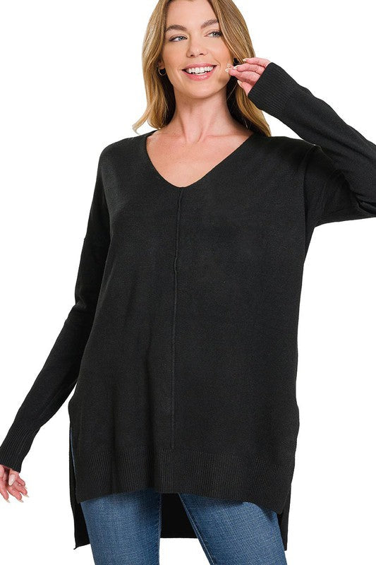 High-Low Hem Front Seam Sweater | Black