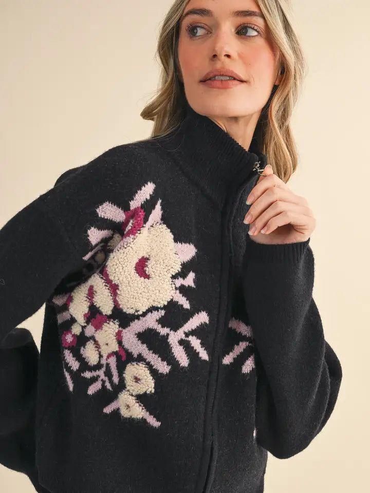 Floral Zip Up Sweater Cardigan