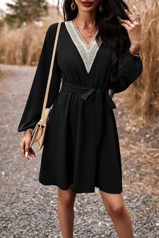 Lace Detail V-Neck Dress | Black