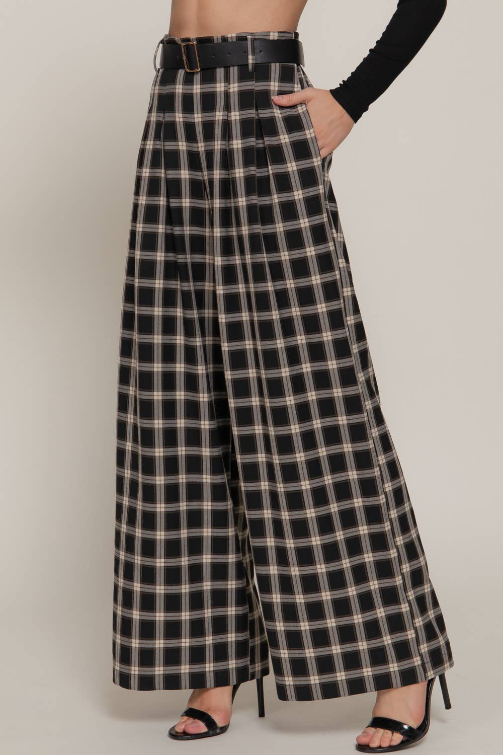 Belted Plaid Woven Wide Pants