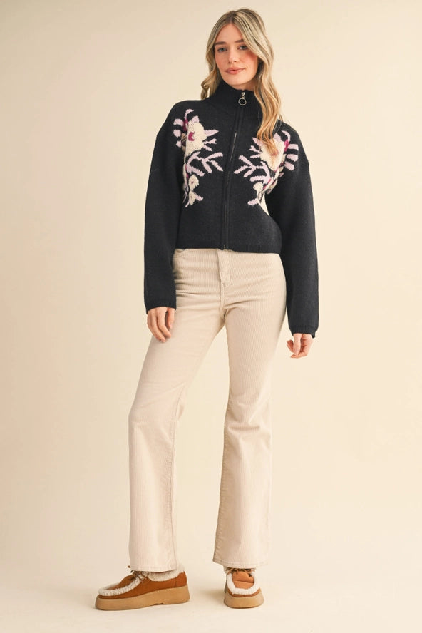 Floral Zip Up Sweater Cardigan