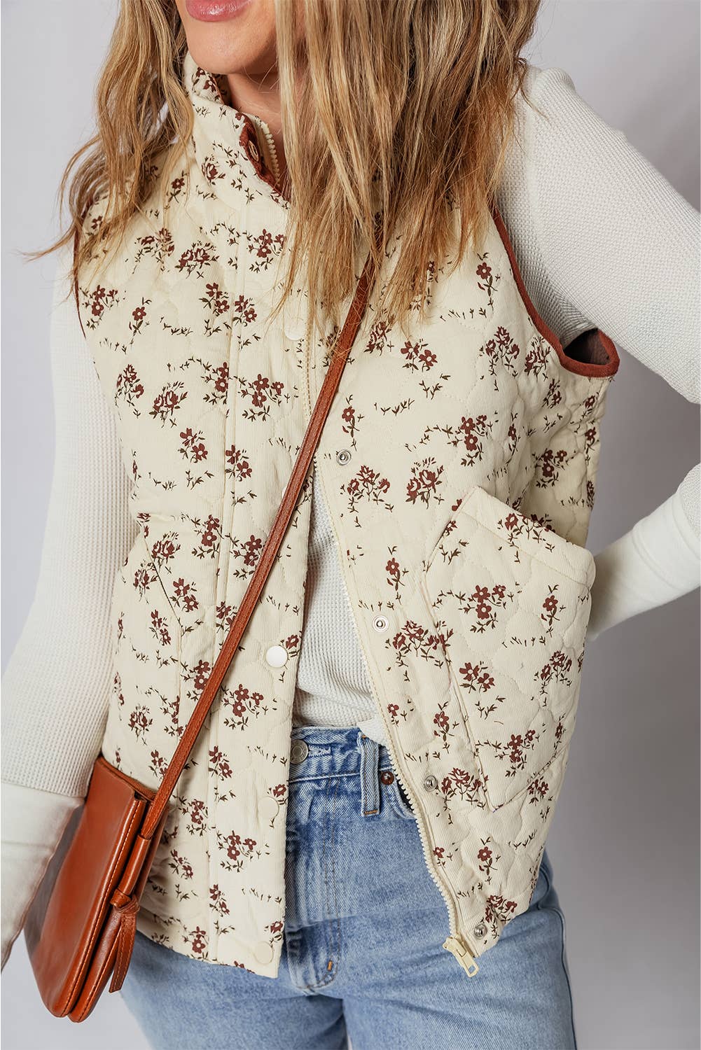 Floral Print Zip Up Quilted Vest