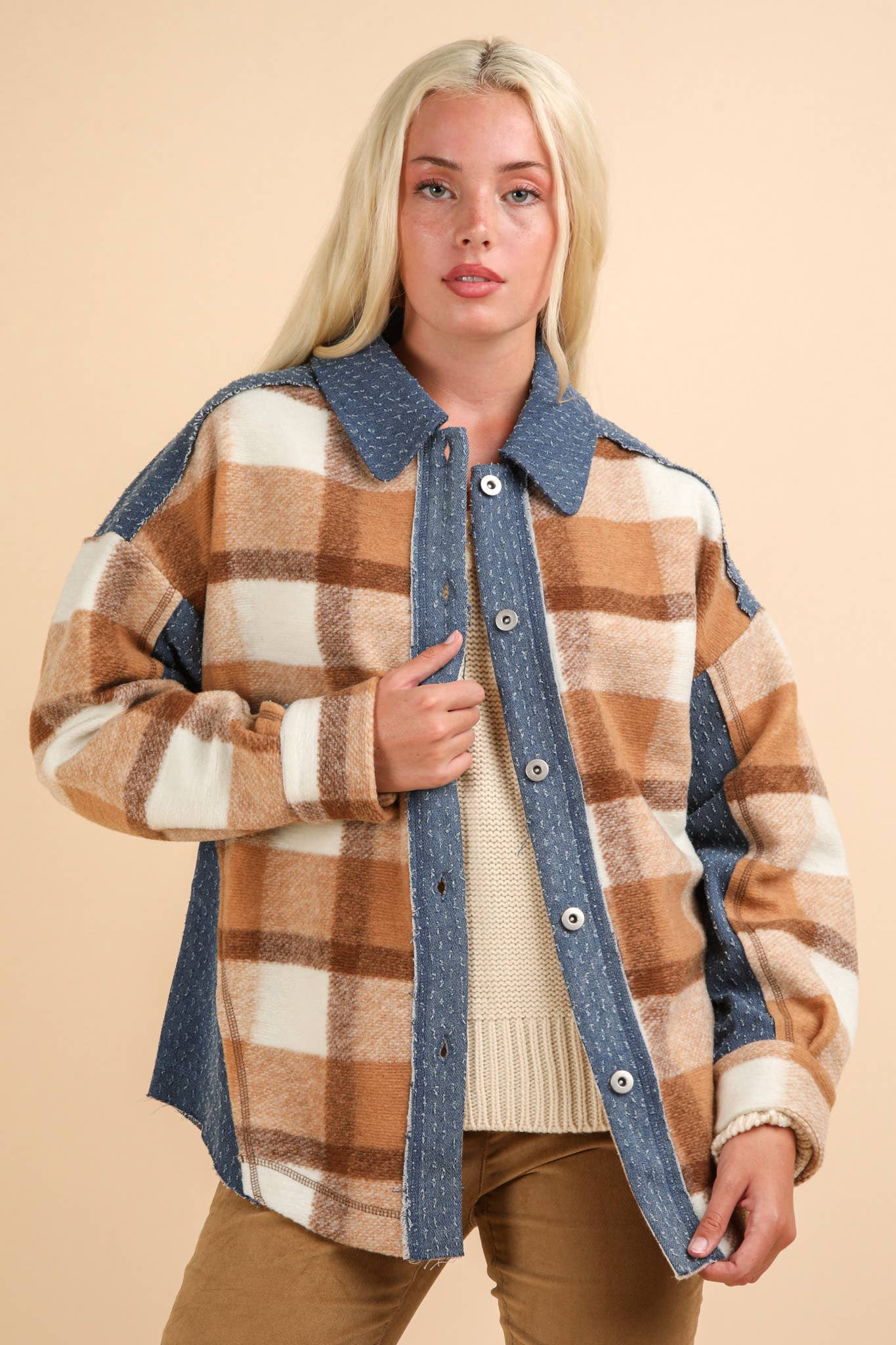 Textured Denim Contrast Plaid Shacket