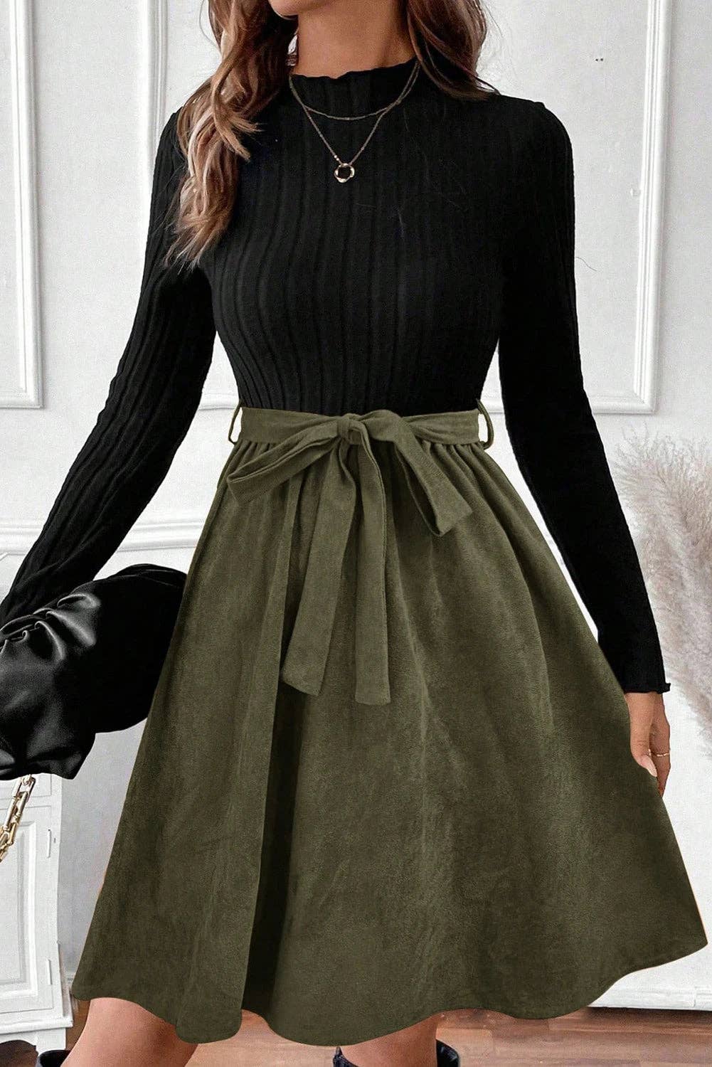 Black Ribbed Belted Dress