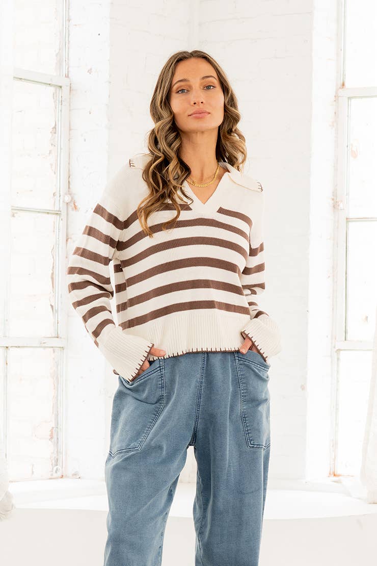 V-Neck Collared Striped Sweater