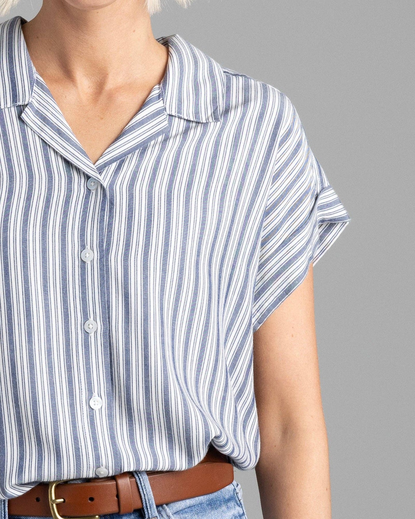 Blue Striped Short Sleeve Collared Button Down