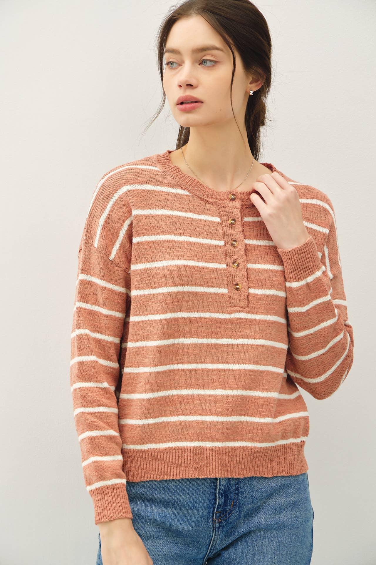 Striped Cotton Henley | Terracotta