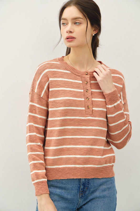 Striped Cotton Henley | Terracotta