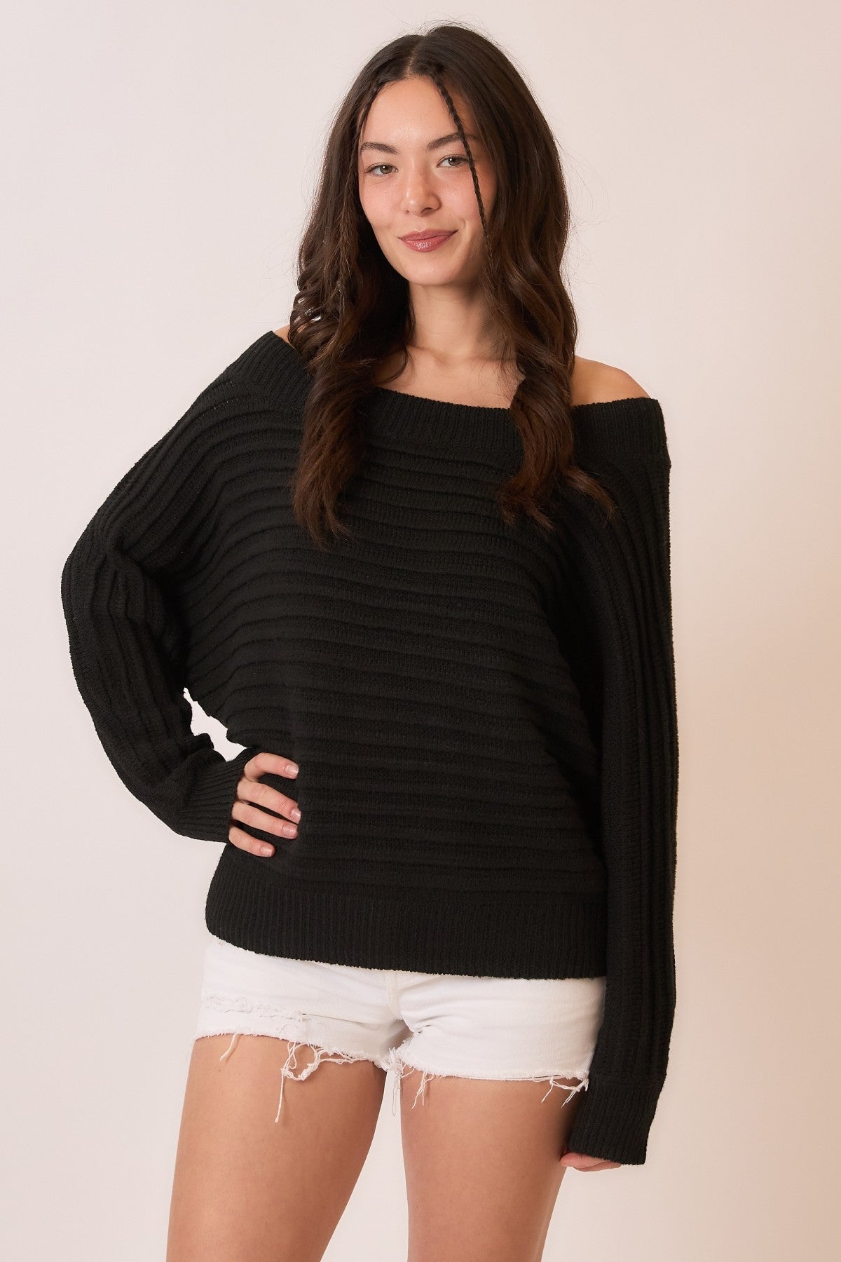 Ribbed Off Shoulder Dolman Pullover