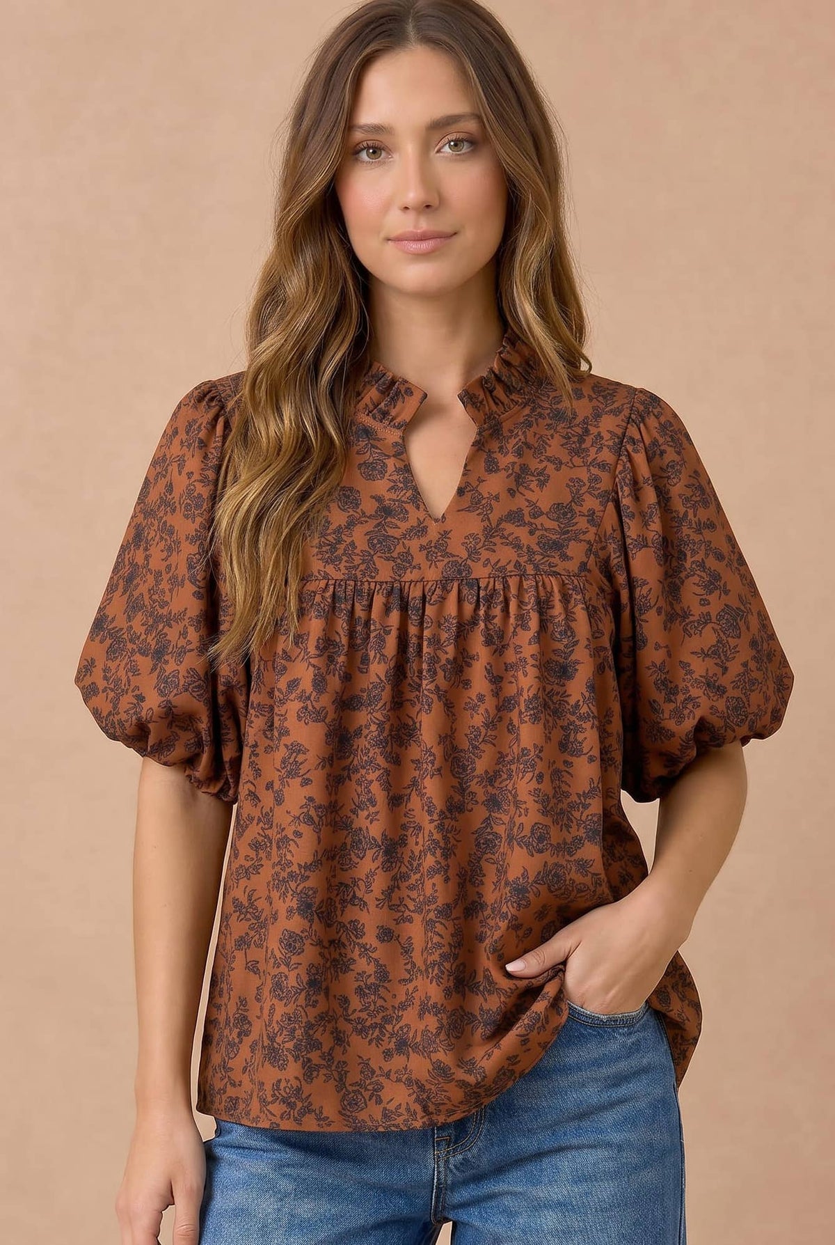 Floral Ruffle Notch Neck Blouse