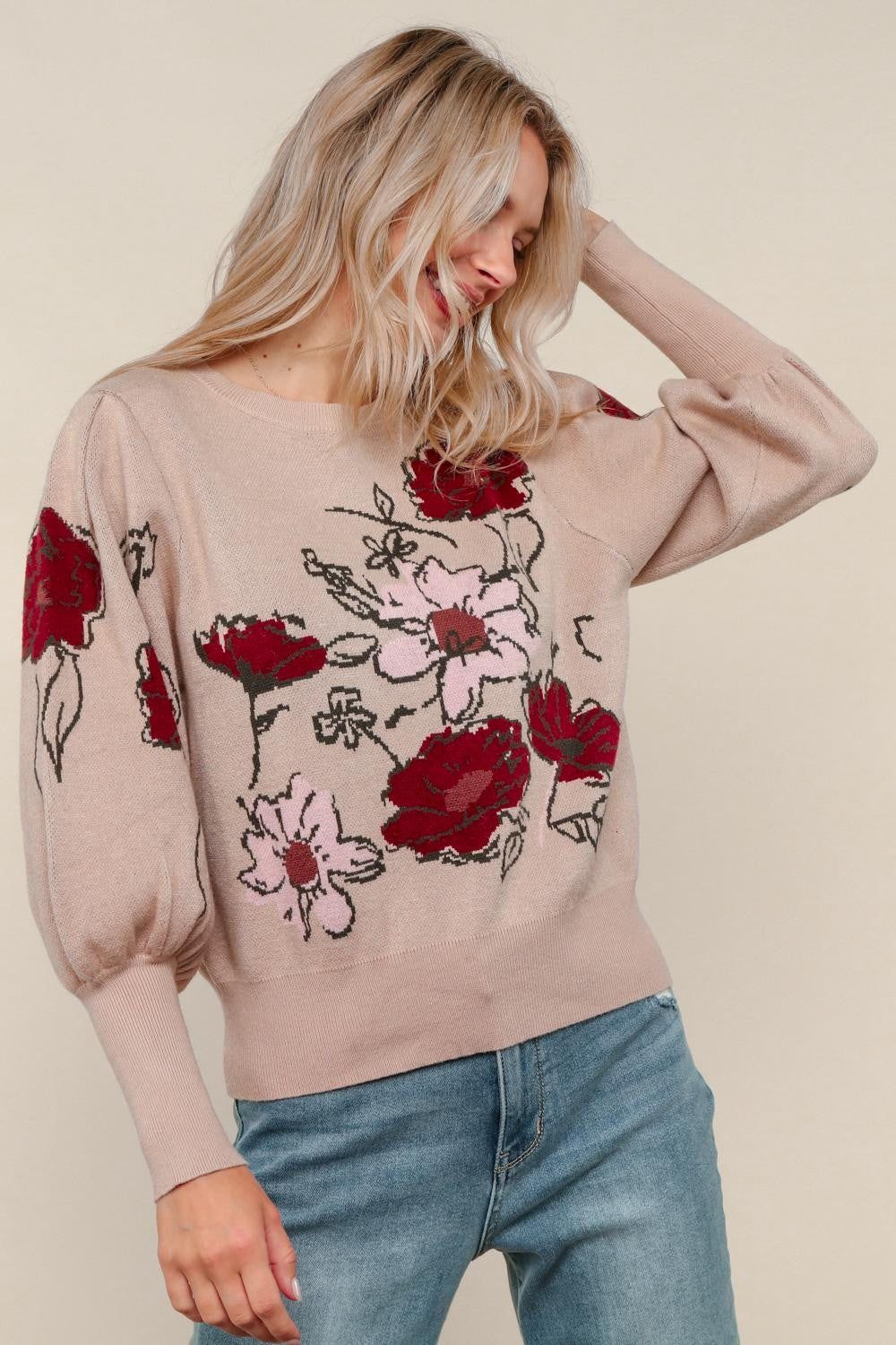Bubble Sleeve Floral Sweater