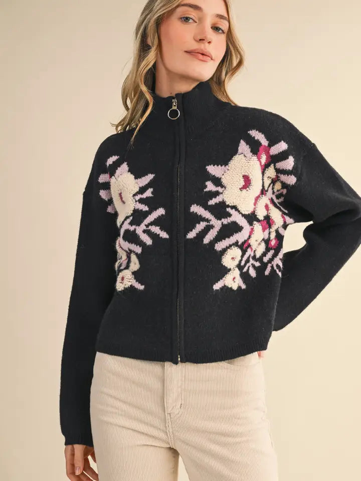 Floral Zip Up Sweater Cardigan
