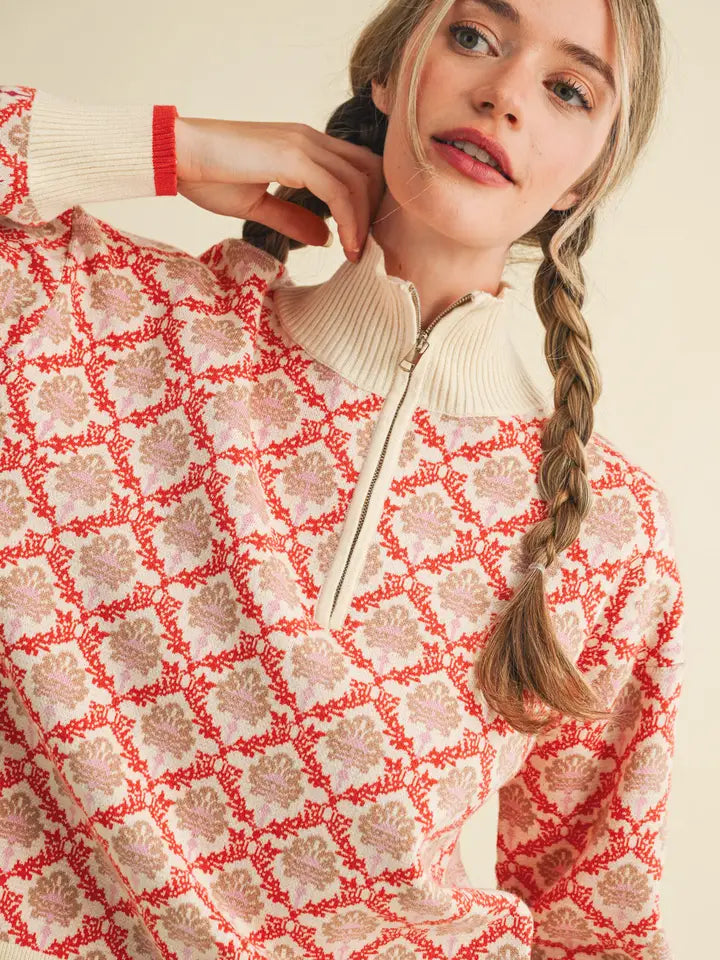 Floral Mock Neck Half Zip Pullover