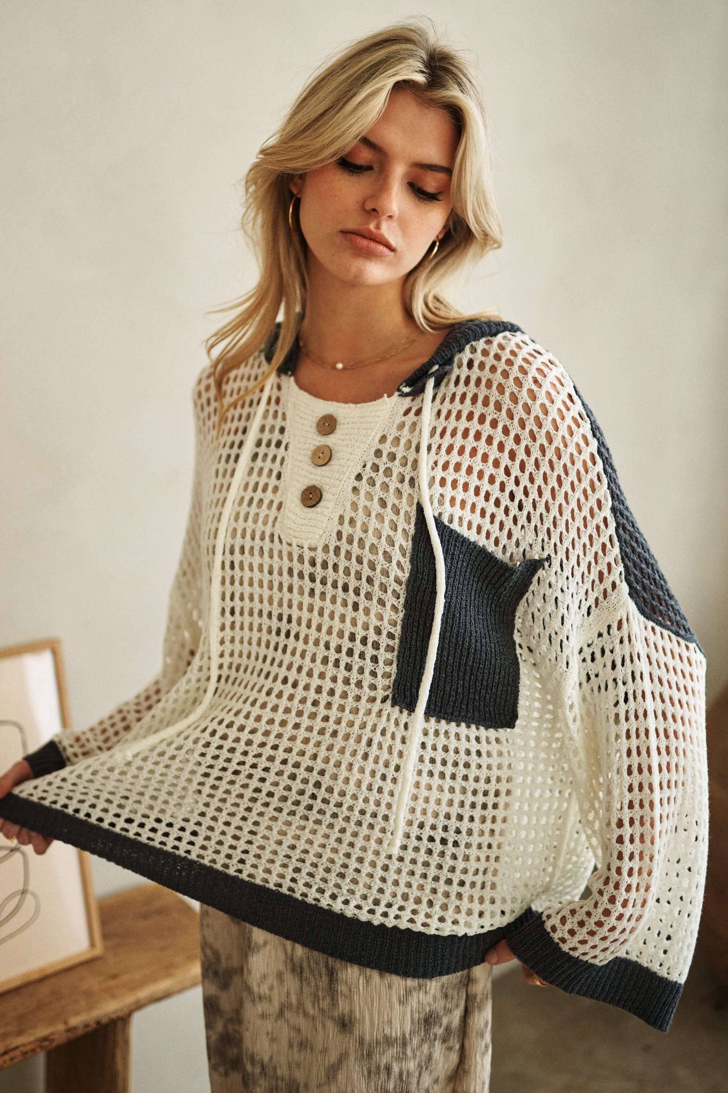 Hooded Fishnet Color Block Spring Sweater