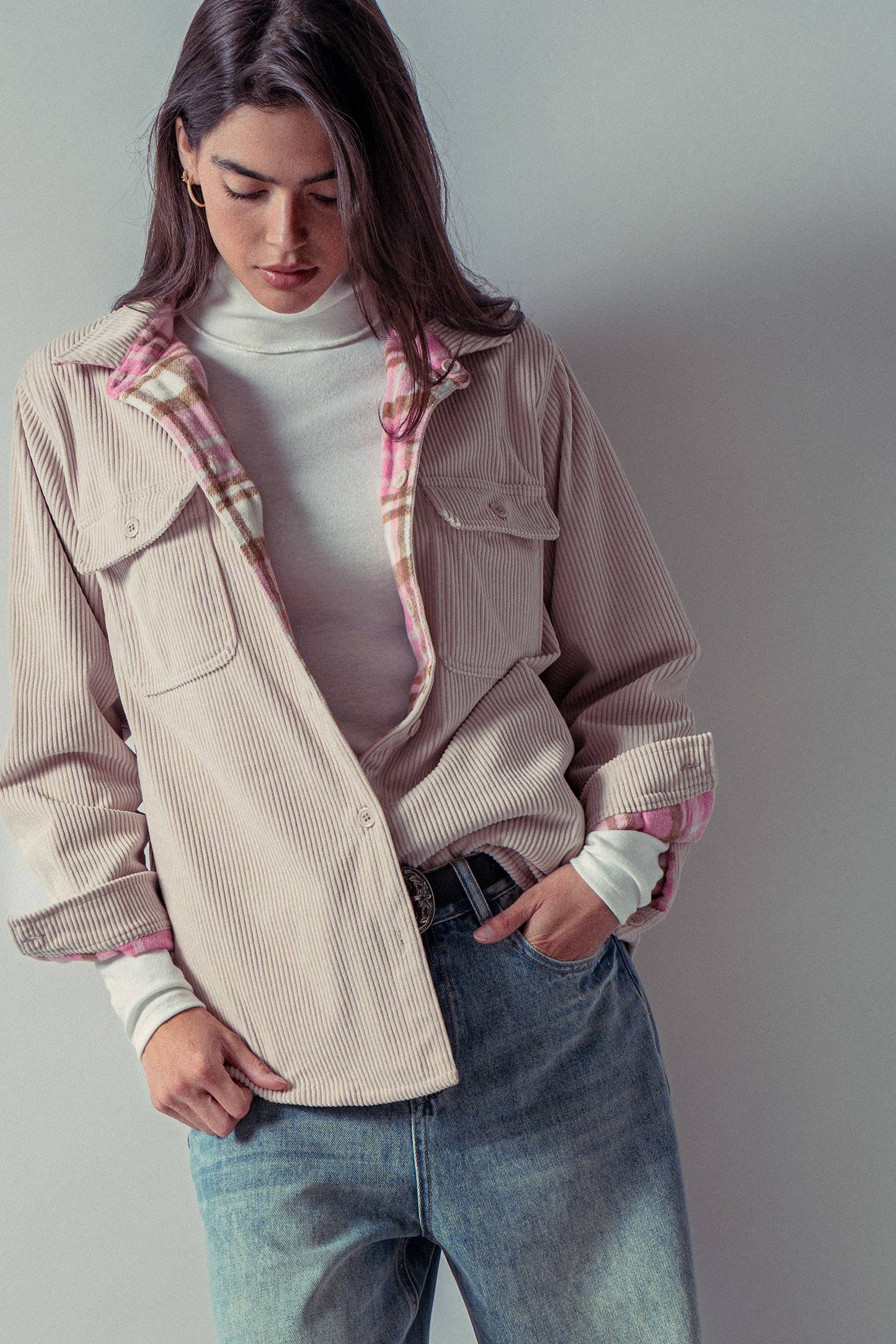 Plaid Flannel-Lined Corduroy Shacket