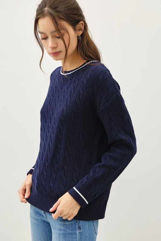 Cable Knit Sweater with Tipping | Navy
