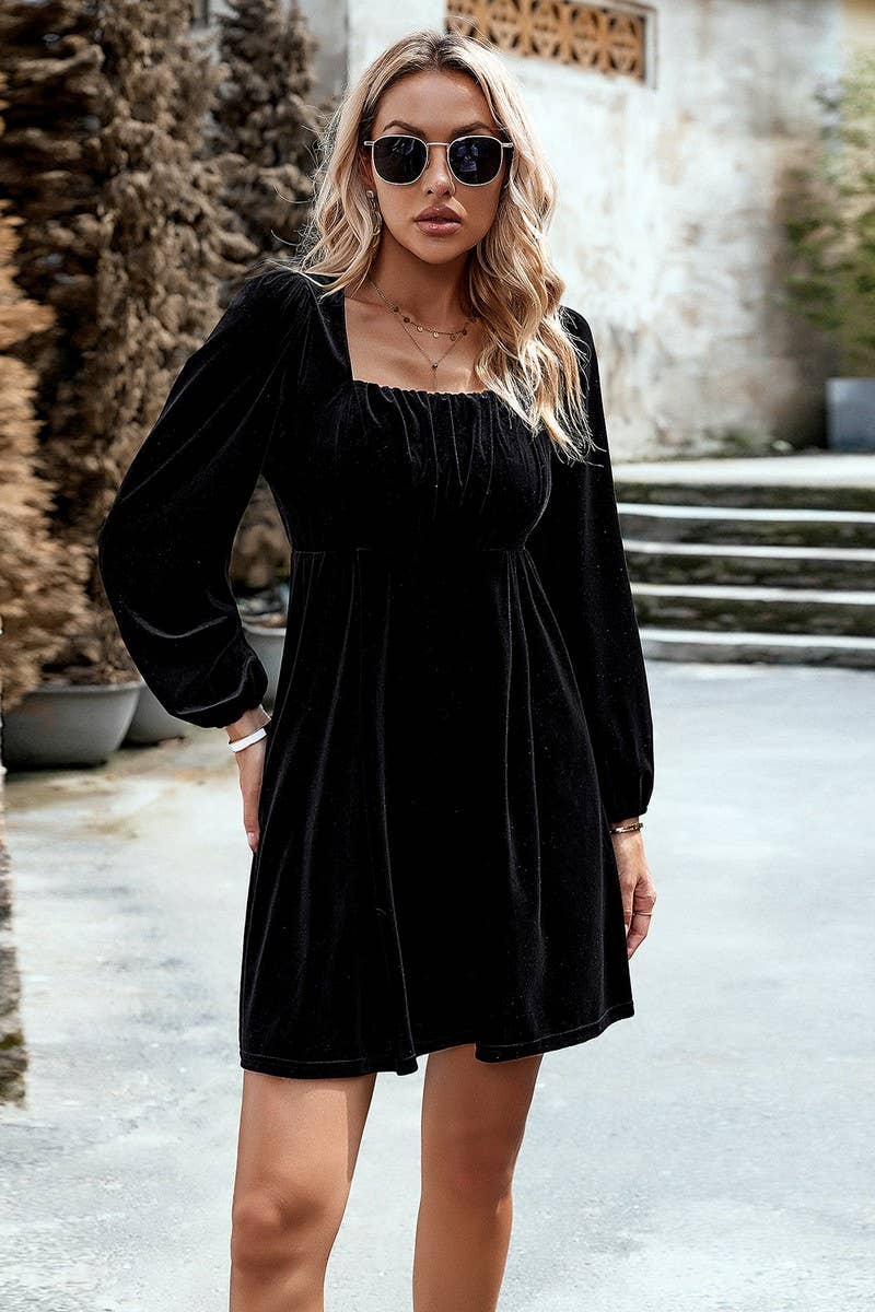 Velvet Square Neck Puff Sleeve Dress