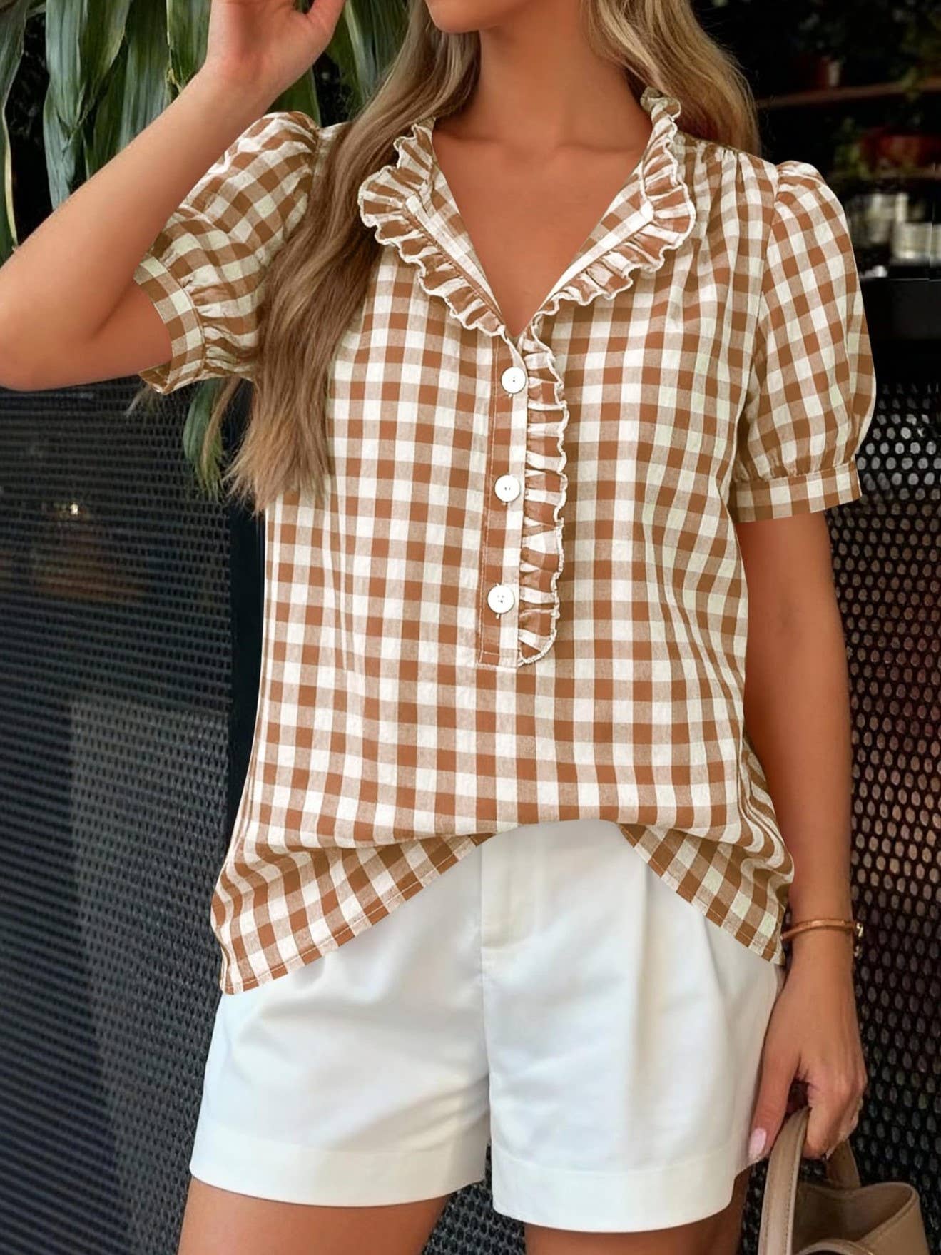 Gingham Plaid Button Top