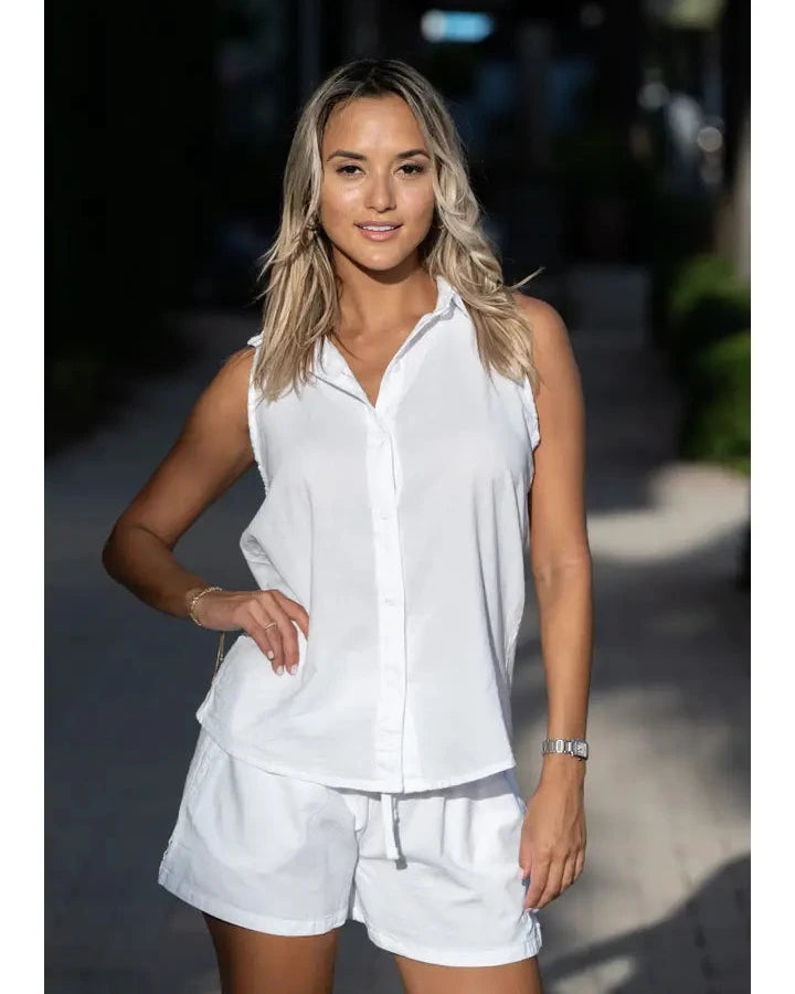 Sleeveless High-Low Button Up Cotton Top