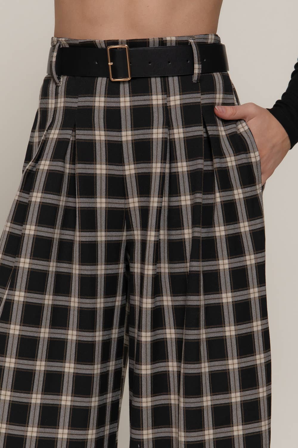 Belted Plaid Woven Wide Pants