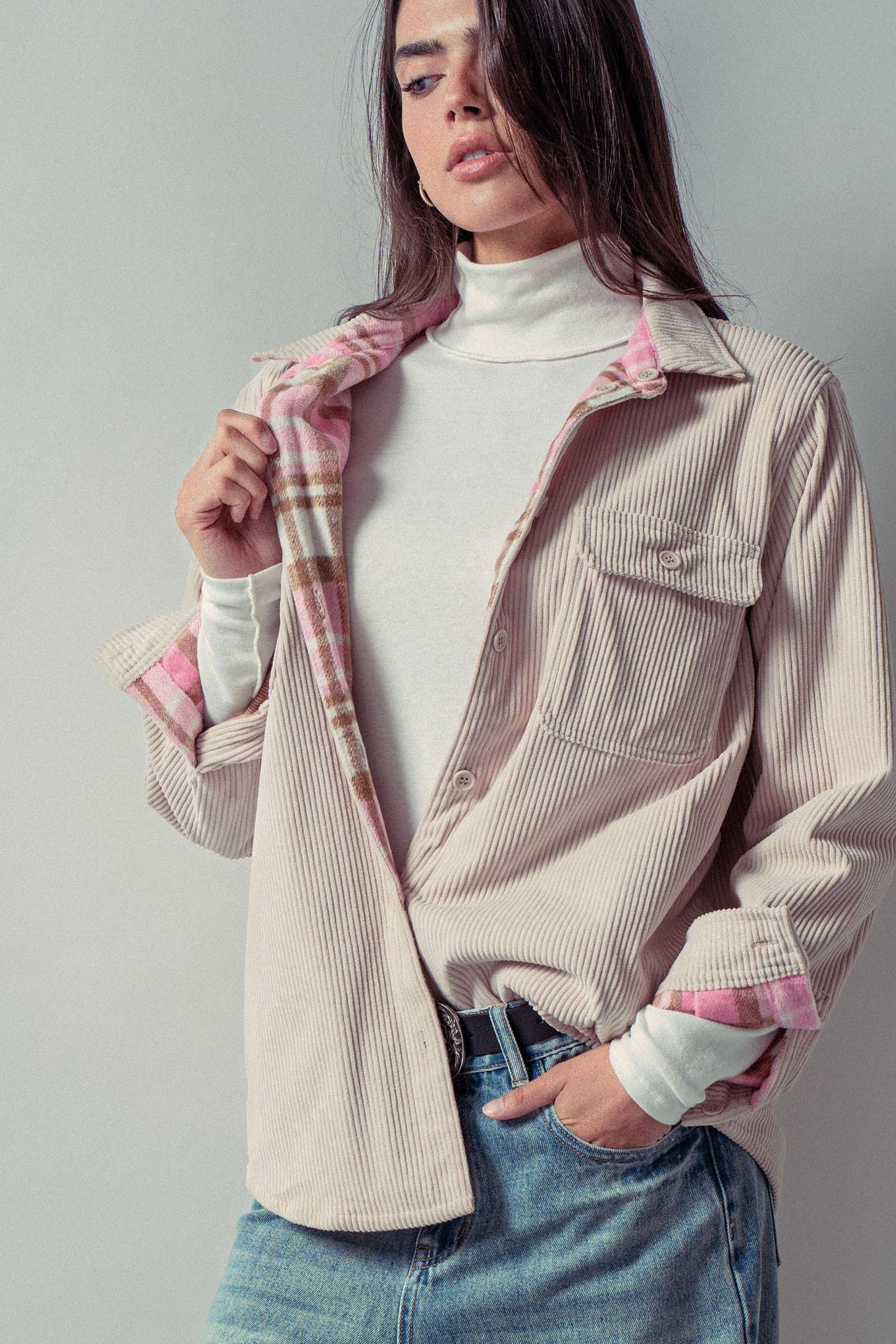 Plaid Flannel-Lined Corduroy Shacket