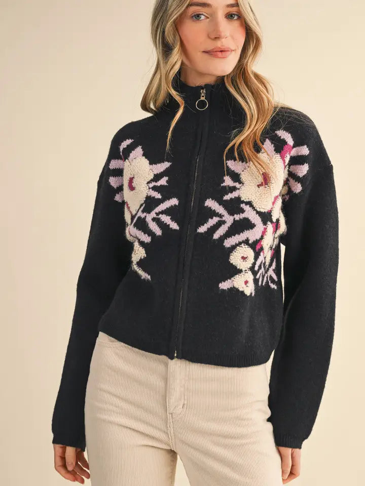 Floral Zip Up Sweater Cardigan