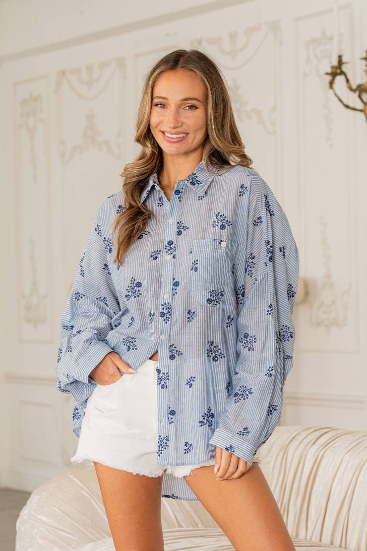 Relaxed Fit Floral Stripe Button Down