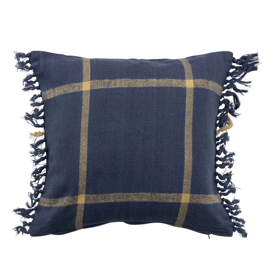 18" Cotton Flannel Plaid Pillow w/ Fringe, Polyester Fill