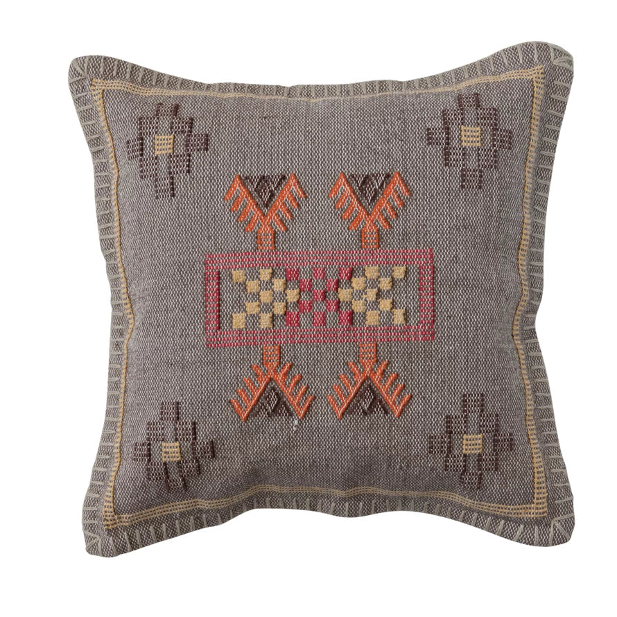 Hand-Woven Cotton Pillow w/ Embroidery, Blanket Stitch & Chambray Back, Polyester Fill