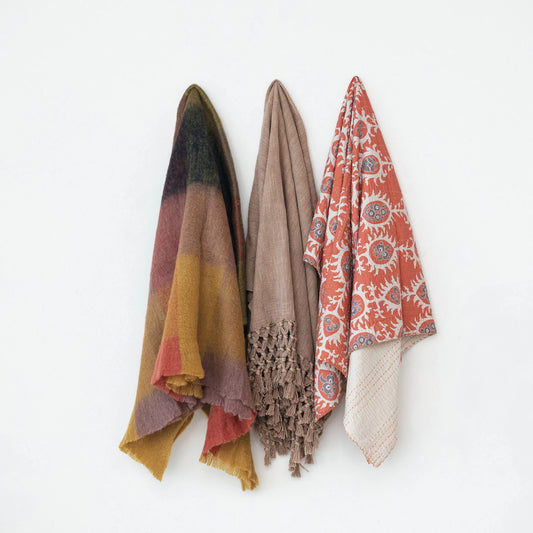 Woven Cotton Slub Throw with Crochet Fringe