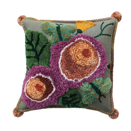 Square Cotton Tufted Floral Pillow